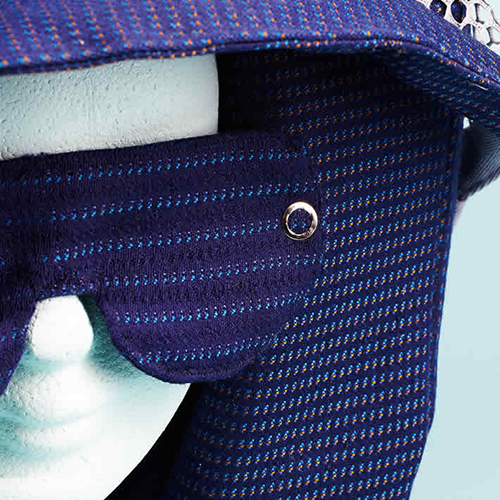 Detailshot from the artisanal headpiece of the 'comfort cocoon'-collection designed in collaboration with KLM
