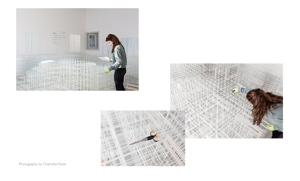 Behind the scenes photo of making of Textile installation Cirrus in Atelier of Fransje Gimbrere